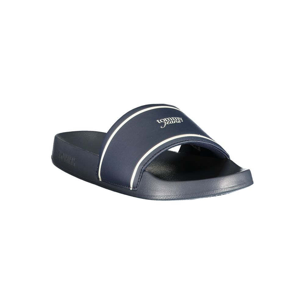 Blue polyurethane Tommy Jeans slide sandal with white stripe detailing and logo on the strap.