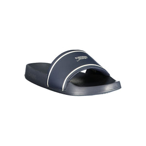 Blue polyurethane Tommy Jeans slide sandal with white stripe detailing and logo on the strap.