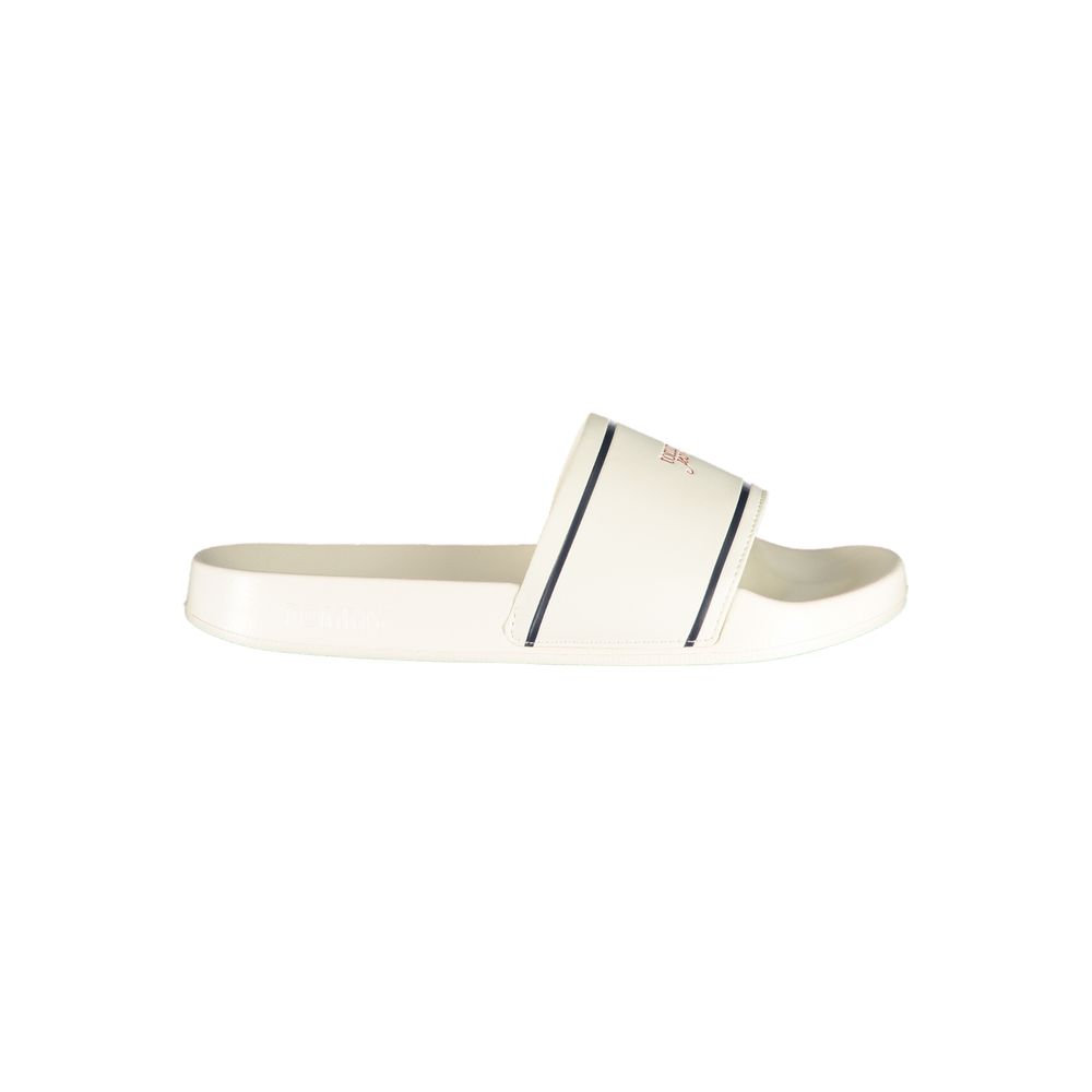 White Tommy Hilfiger polyurethane slide sandal for women with navy stripe detail and branded side strap.