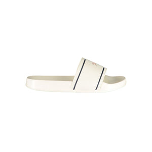 White Tommy Hilfiger polyurethane slide sandal for women with navy stripe detail and branded side strap.