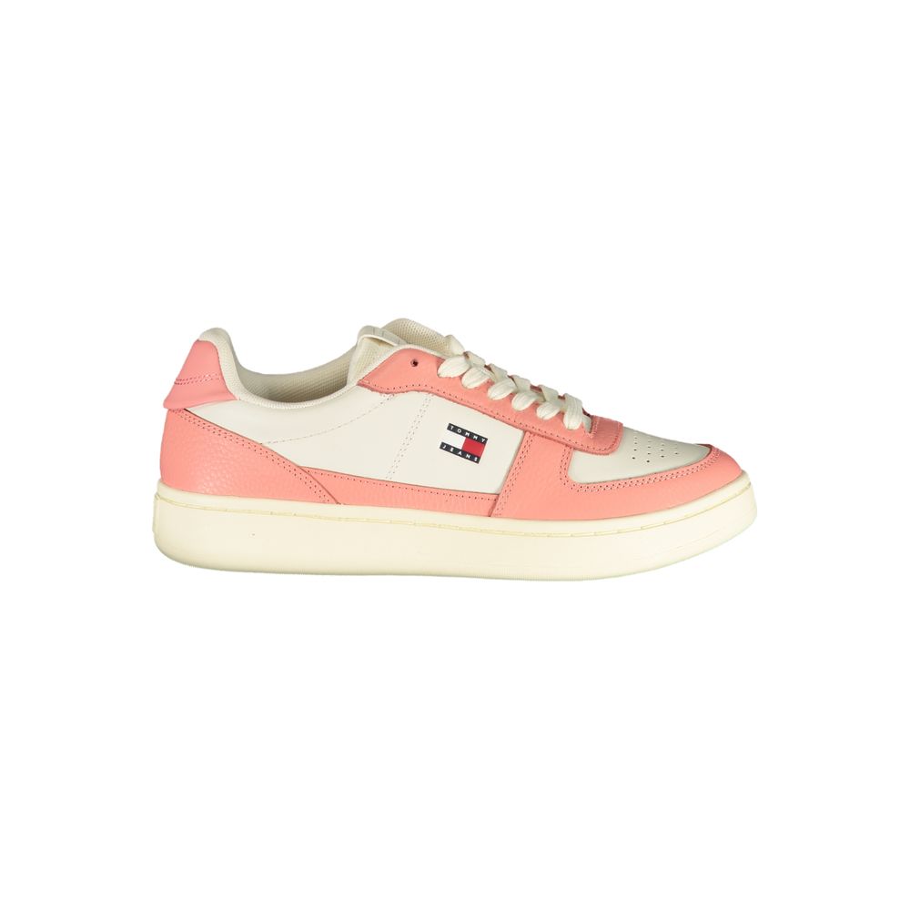 Tommy Hilfiger women's white and pink polyurethane sneaker in a classic lace-up low-top style.