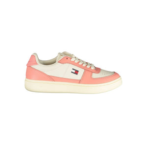 Tommy Hilfiger women's white and pink polyurethane sneaker in a classic lace-up low-top style.