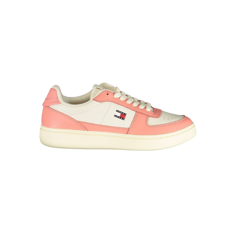 Tommy Hilfiger women's white and pink polyurethane sneaker in a classic lace-up low-top style.