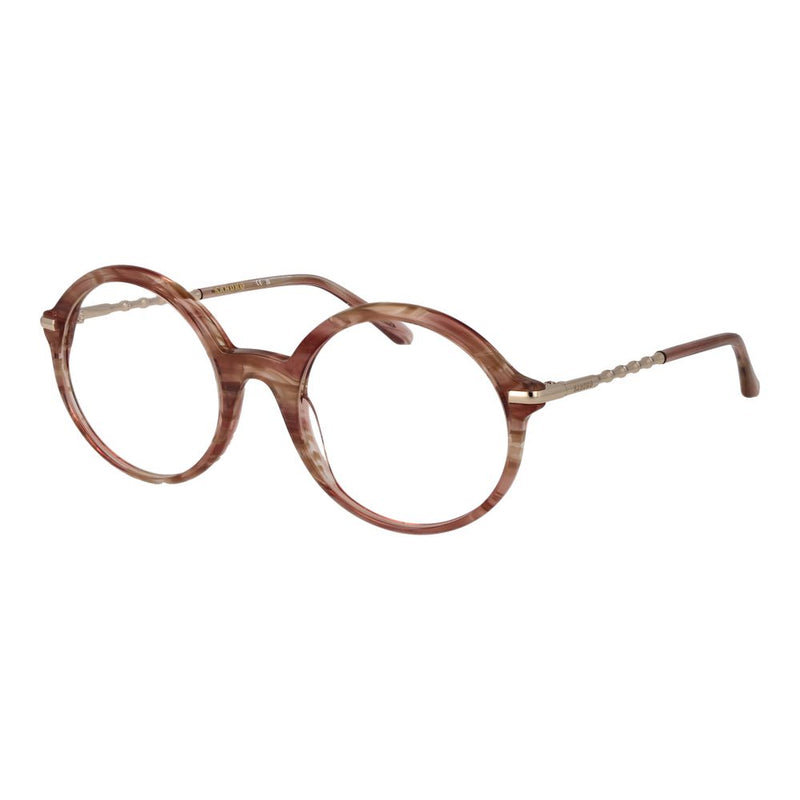 Pink marbled acetate round eyeglass frames with textured gold metal temples