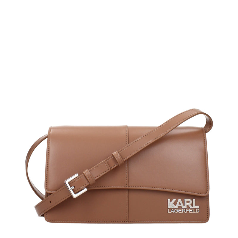 Brown faux leather Karl Lagerfeld crossbody bag with silver buckle and logo