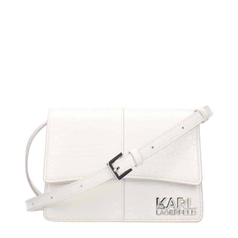 White crocodile-embossed polyethylene crossbody bag with a front flap and silver buckle strap