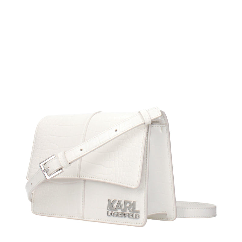 White crocodile-embossed polyethylene crossbody bag with flap, strap, and silver Karl Lagerfeld logo