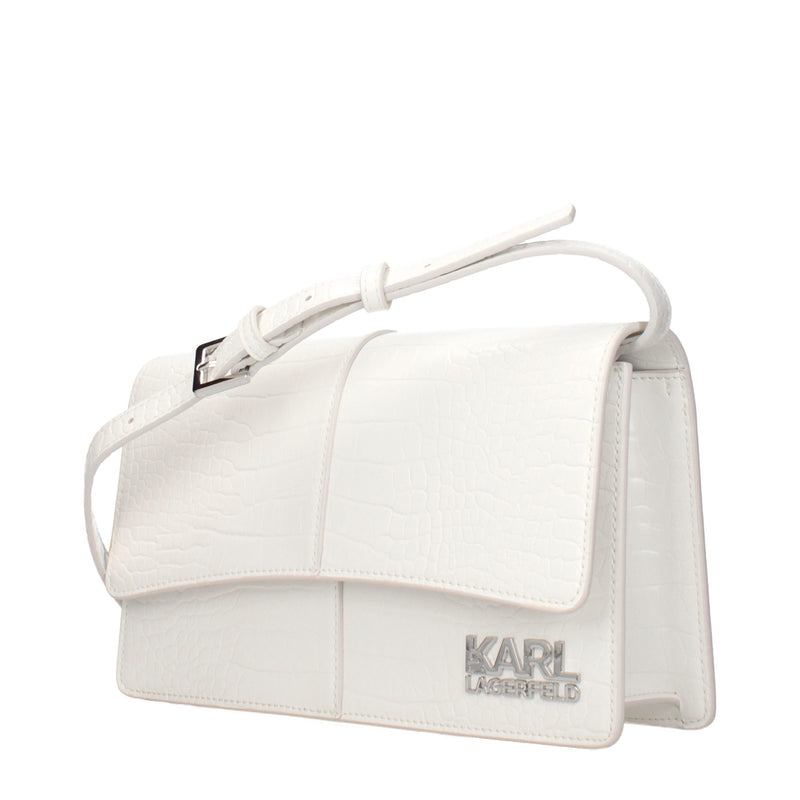 White textured polyethylene crossbody bag with flap closure and silver logo