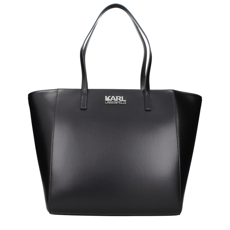 Black polyurethane shoulder bag with dual top handles and silver logo lettering