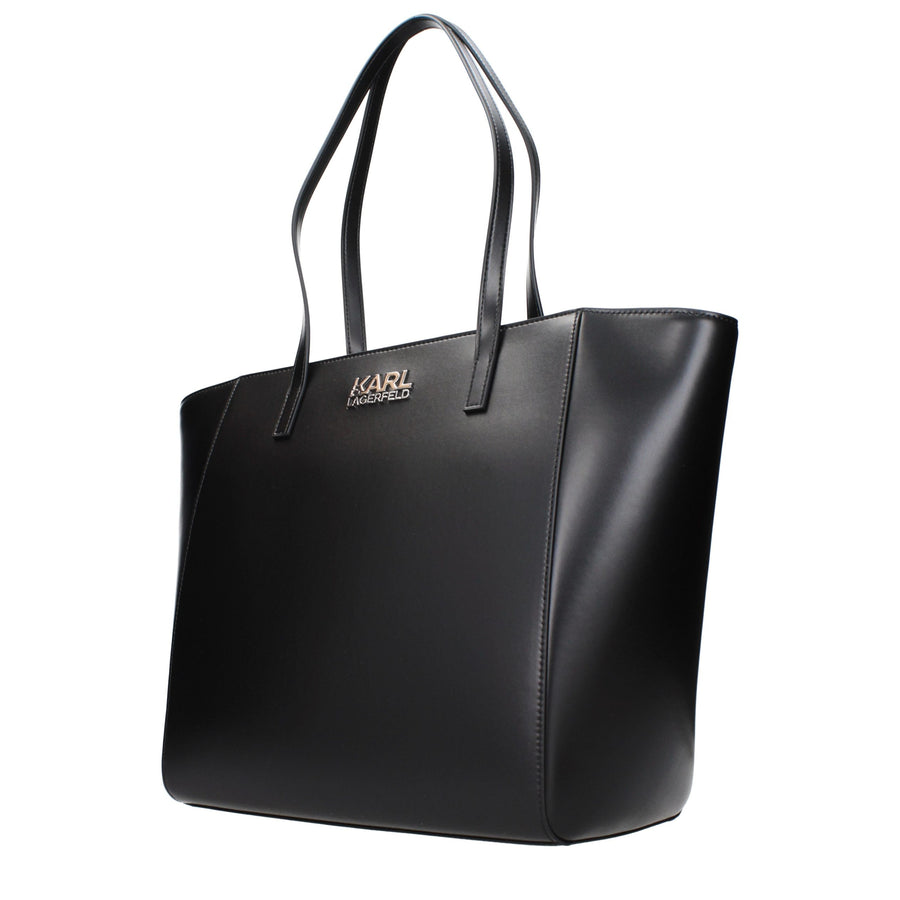 Black polyurethane shoulder bag with dual top handles and silver logo lettering