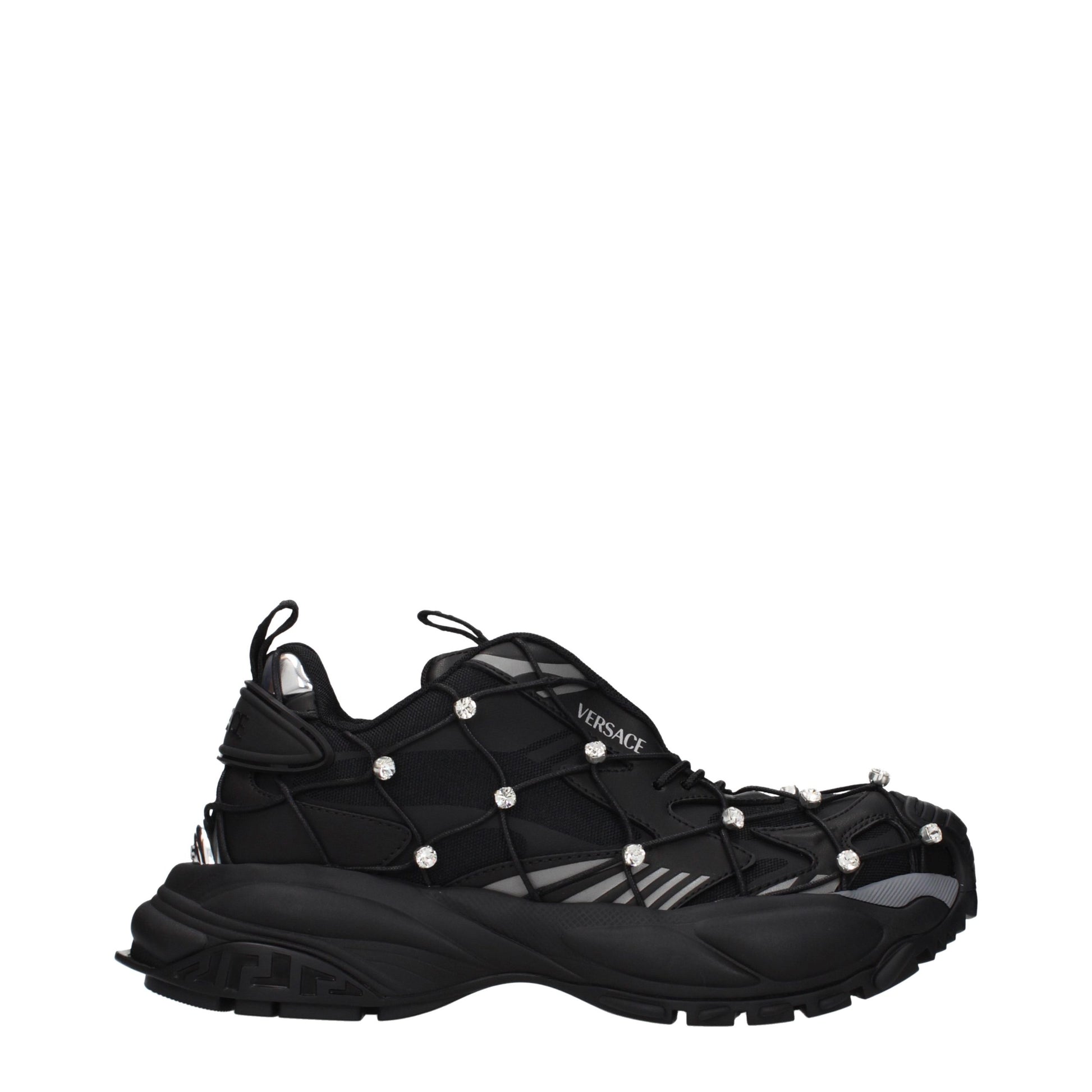 Black Versace chunky sneakers in fabric with rhinestone-accented cord cage detailing and a signature Greek key sole.