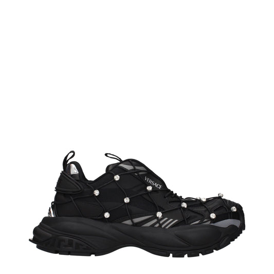 Black Versace chunky sneakers in fabric with rhinestone-accented cord cage detailing and a signature Greek key sole.
