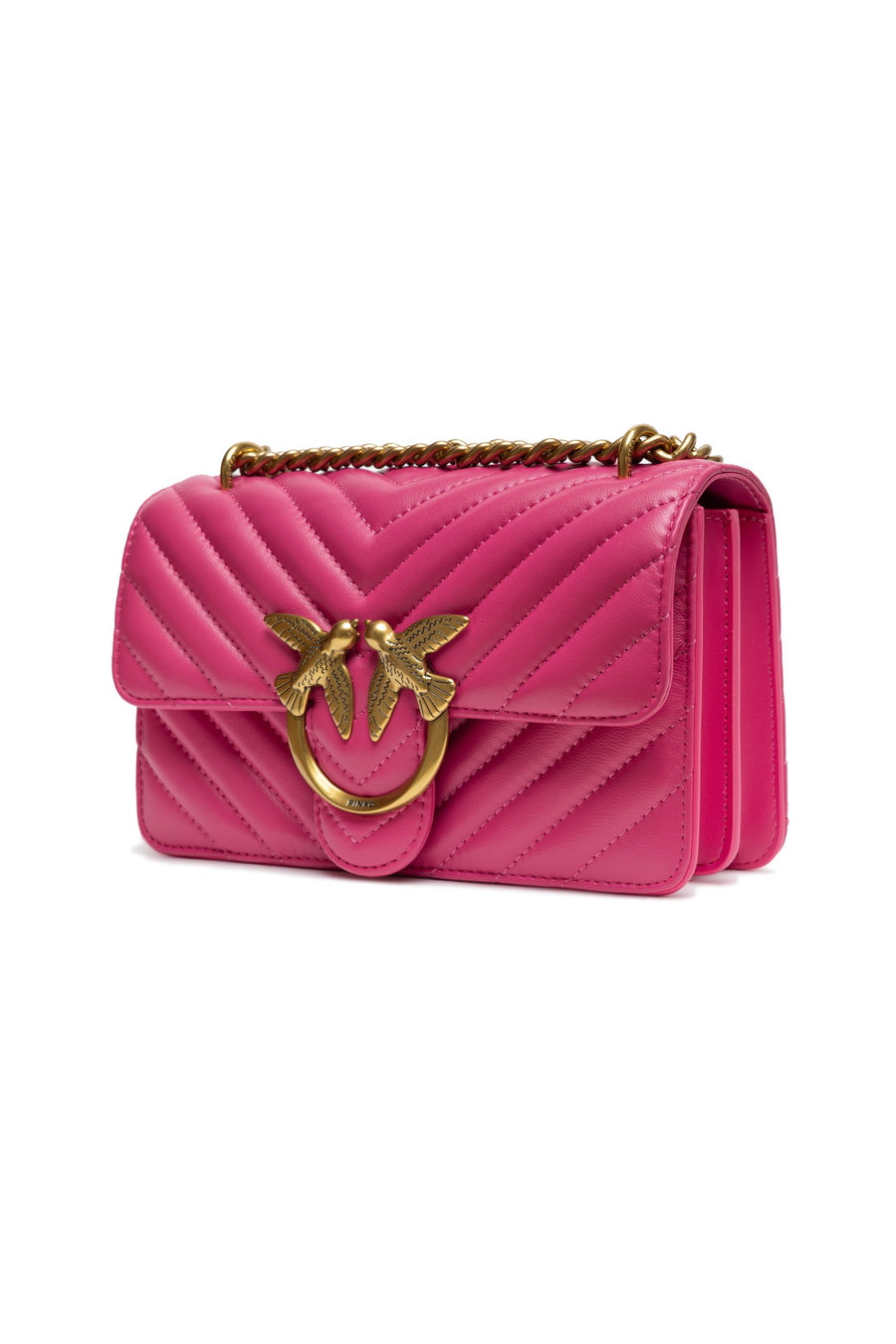 Pink quilted leather mini shoulder bag with gold chain strap and metal bird clasp