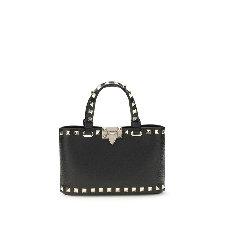 Black calf leather handbag with studded top handle and trim