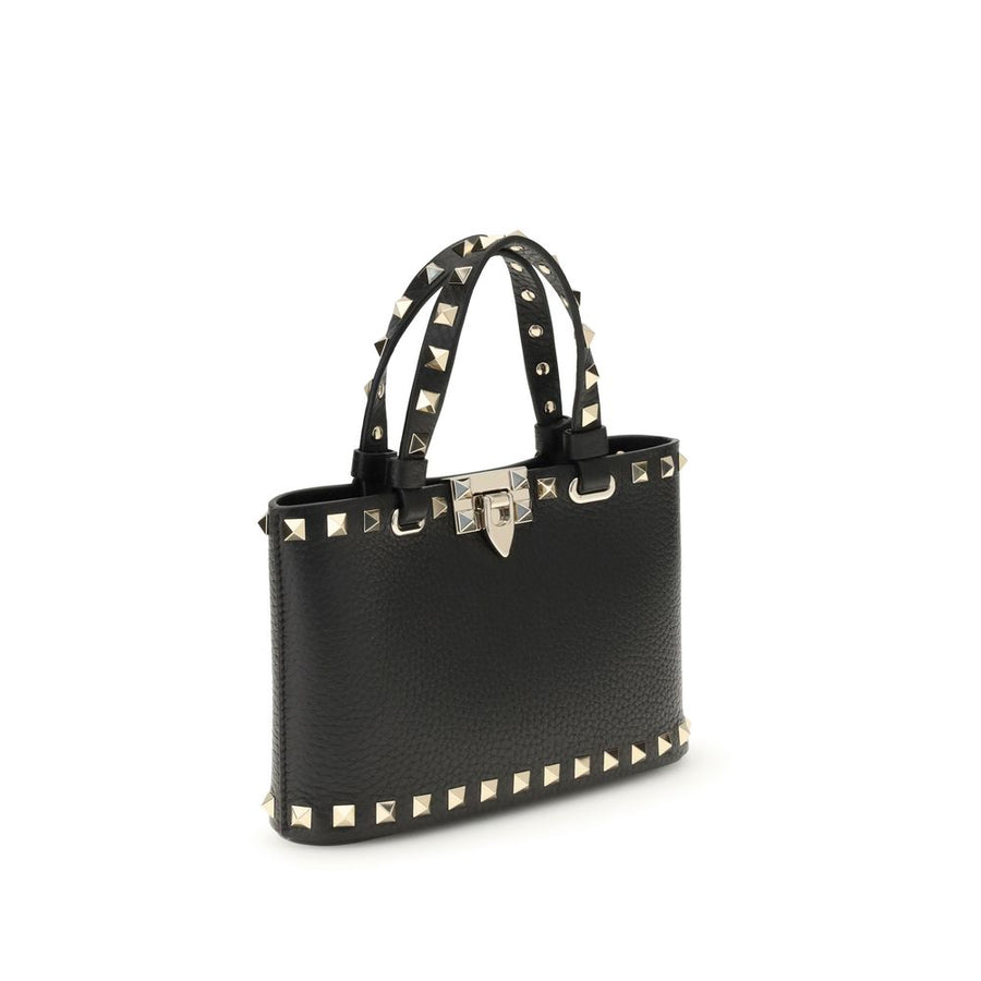 Black calf leather handbag with studded top handle and trim