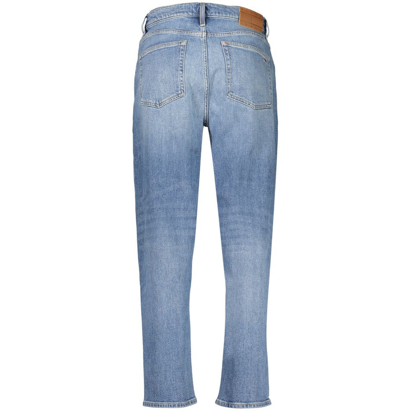 Back view of light blue cotton denim jeans with back pockets and a waist patch
