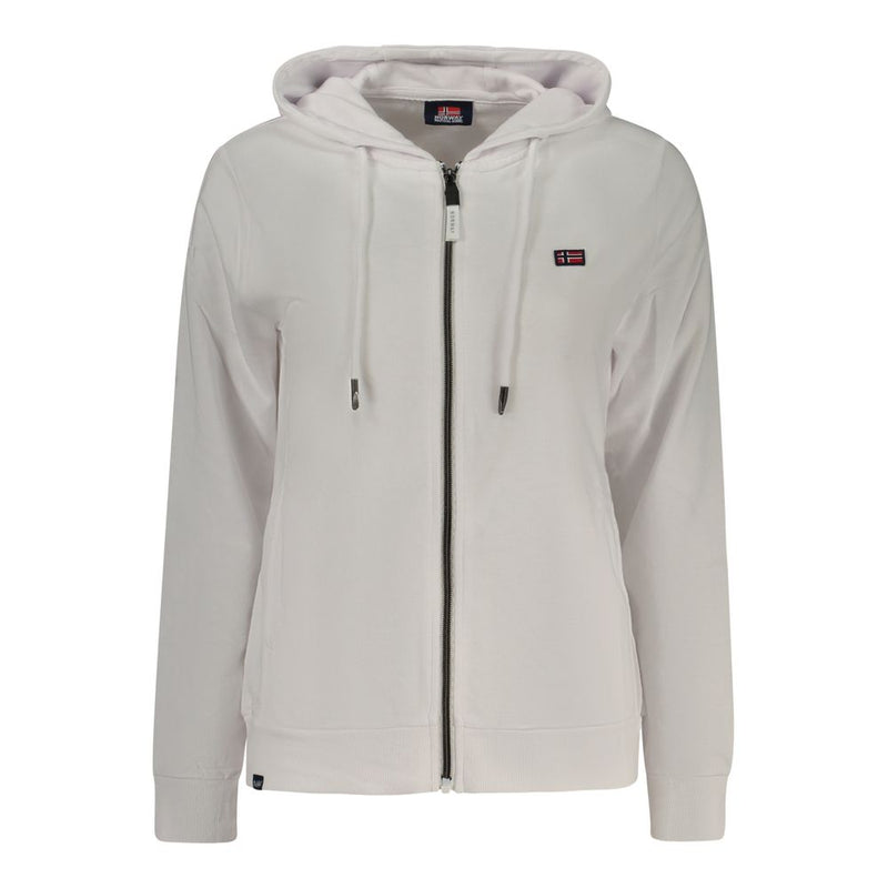 White cotton women's zip-up hooded sweatshirt with a small Norwegian flag patch on the chest