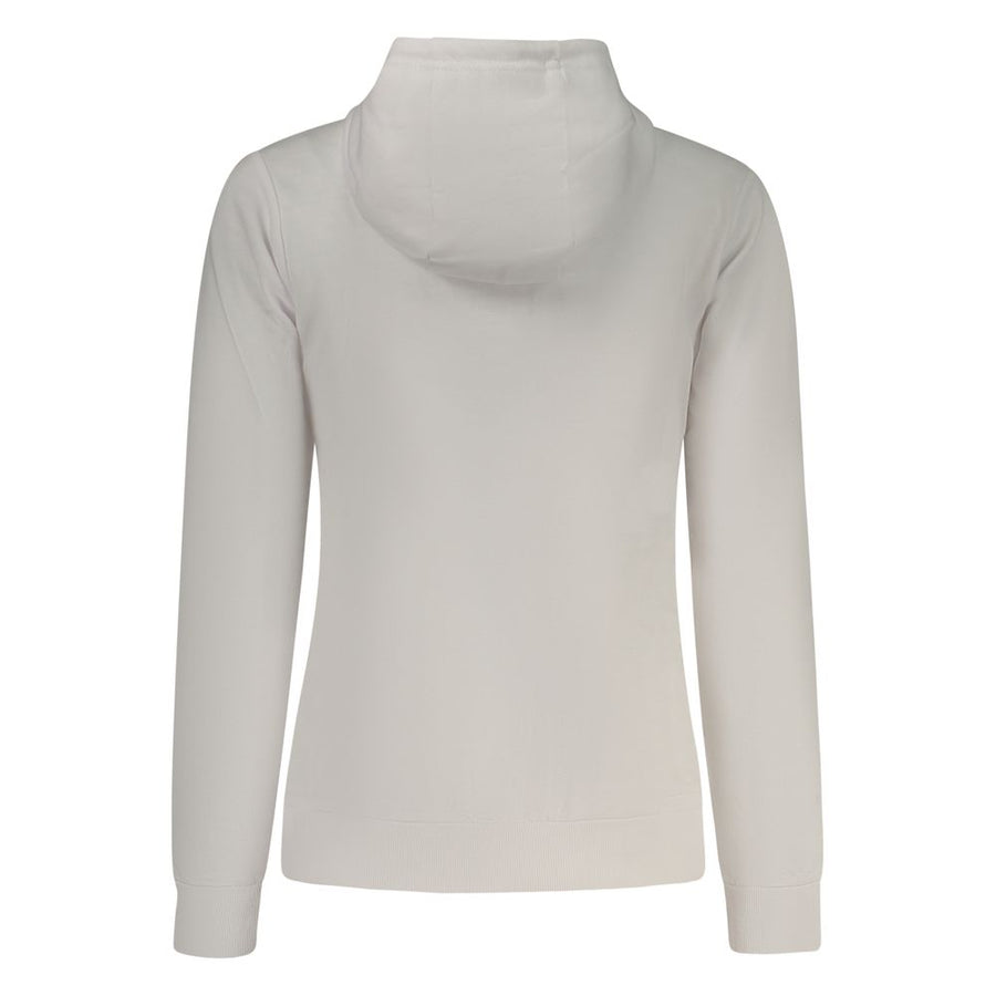 White cotton women's zip-up hooded sweatshirt with a small Norwegian flag patch on the chest