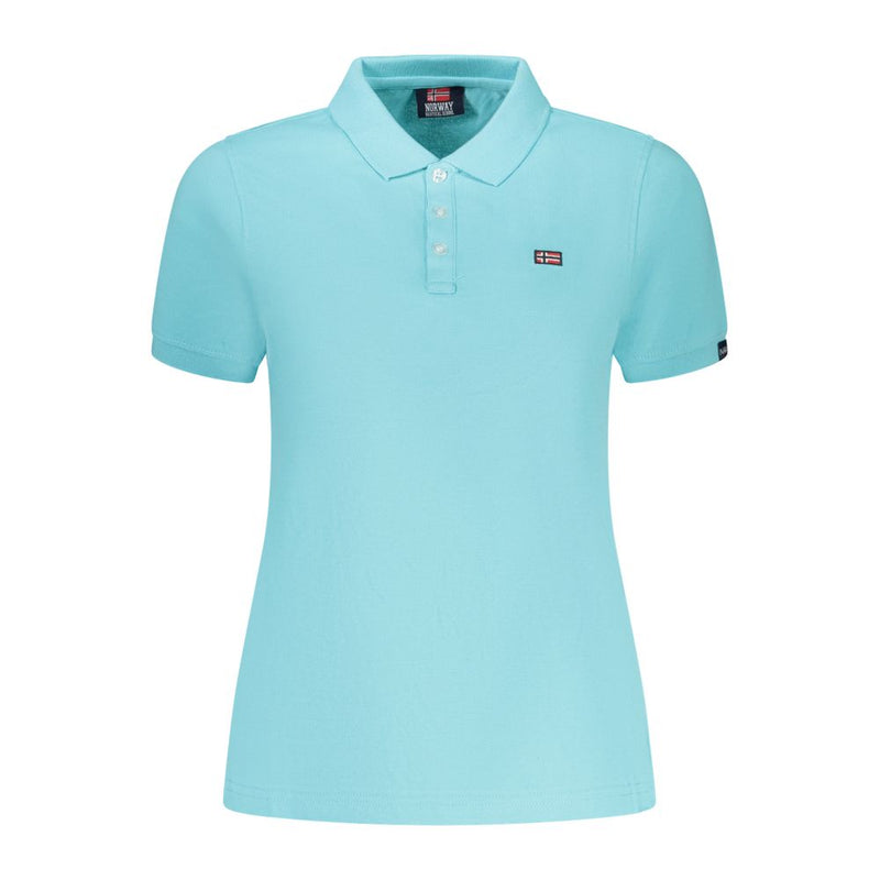 Light blue short-sleeve cotton women's polo shirt with a collared neckline and button placket