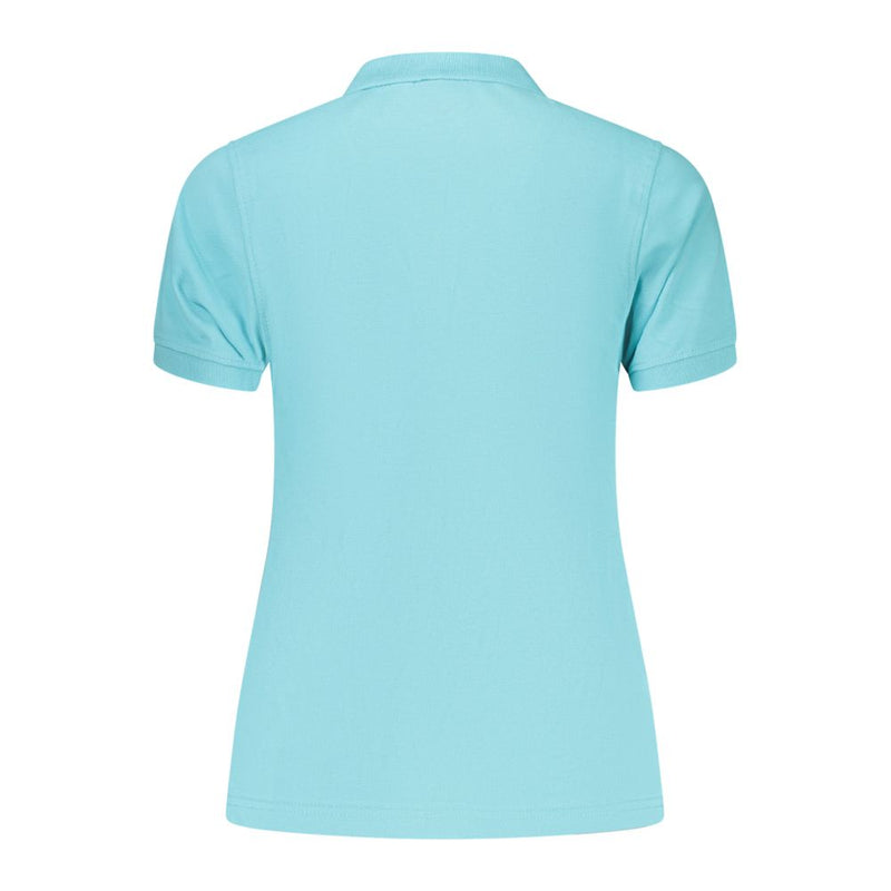 Light blue cotton women's short-sleeve polo shirt seen from the back