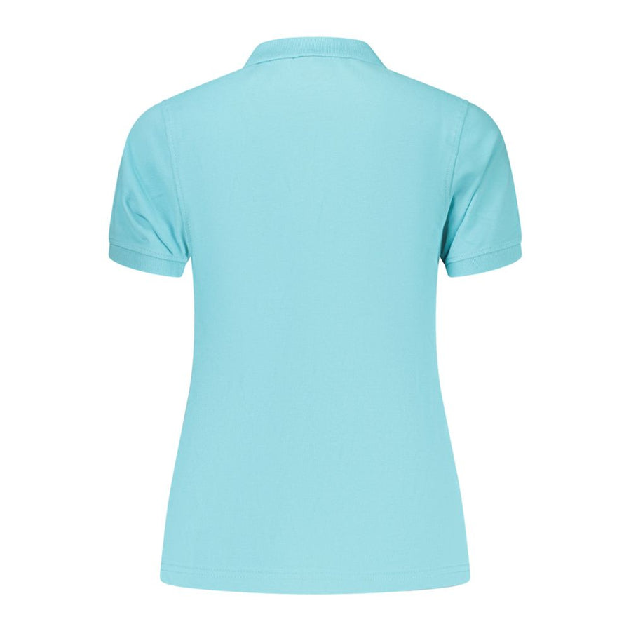 Light blue short-sleeve cotton women's polo shirt with a collared neckline and button placket