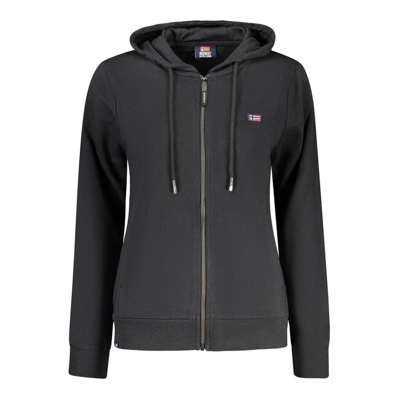 Black cotton women's zip-up hoodie with a small Norwegian flag patch on the chest