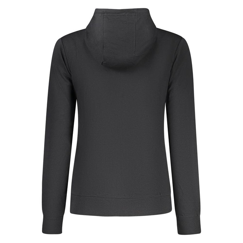 Back view of a black cotton women's hooded sweatshirt