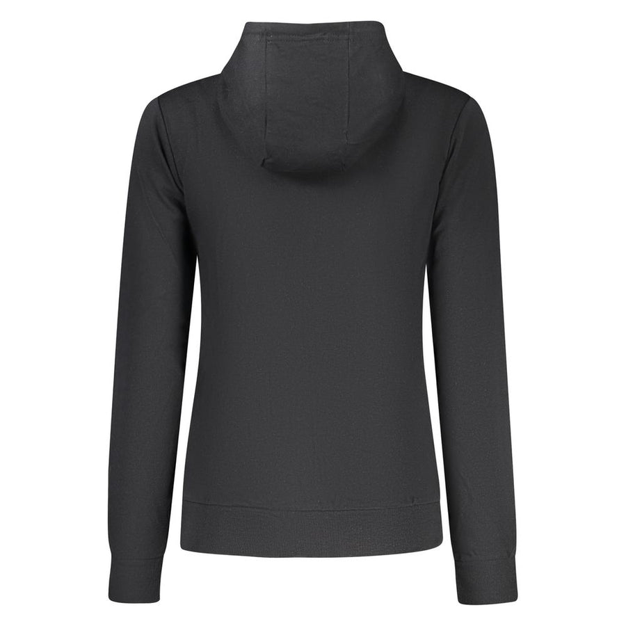 Black cotton women's zip-up hoodie with a small Norwegian flag patch on the chest
