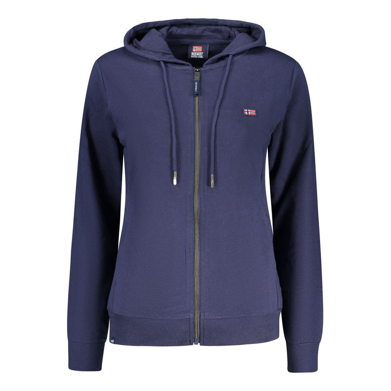 Blue cotton women's zip-up hoodie with a small Norwegian flag patch on the chest
