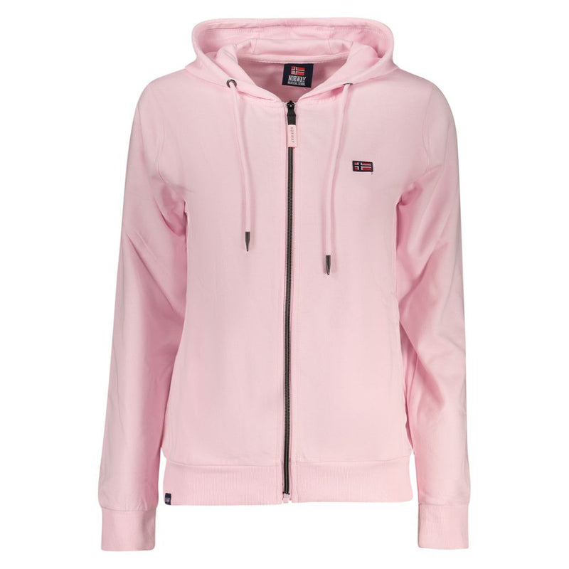 Pink cotton zip-up women's hoodie with a drawstring hood and a small Norwegian flag logo on the chest