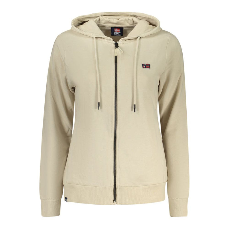 Beige cotton women's zip-up hooded sweatshirt with a small chest patch