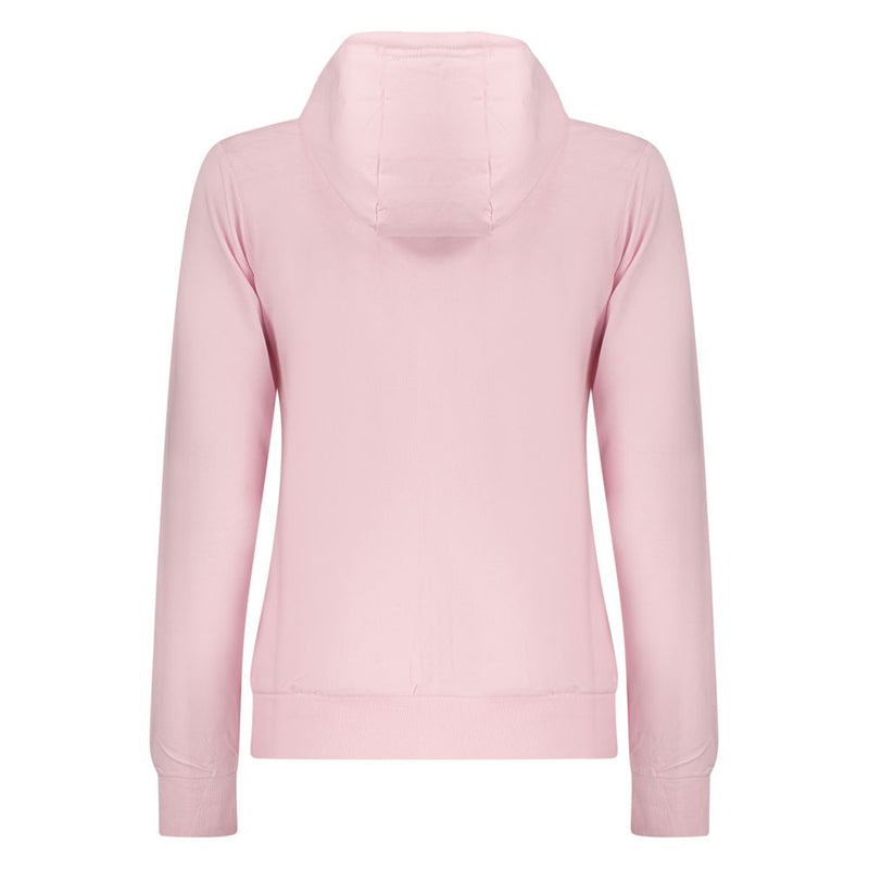 Back view of a plain pink cotton women's hoodie with a hood and ribbed cuffs