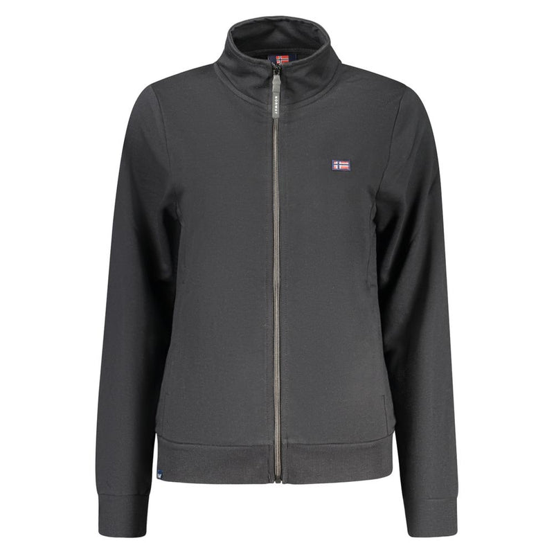 Black cotton women's full-zip sweatshirt with a stand-up collar and small Norwegian flag patch on the chest