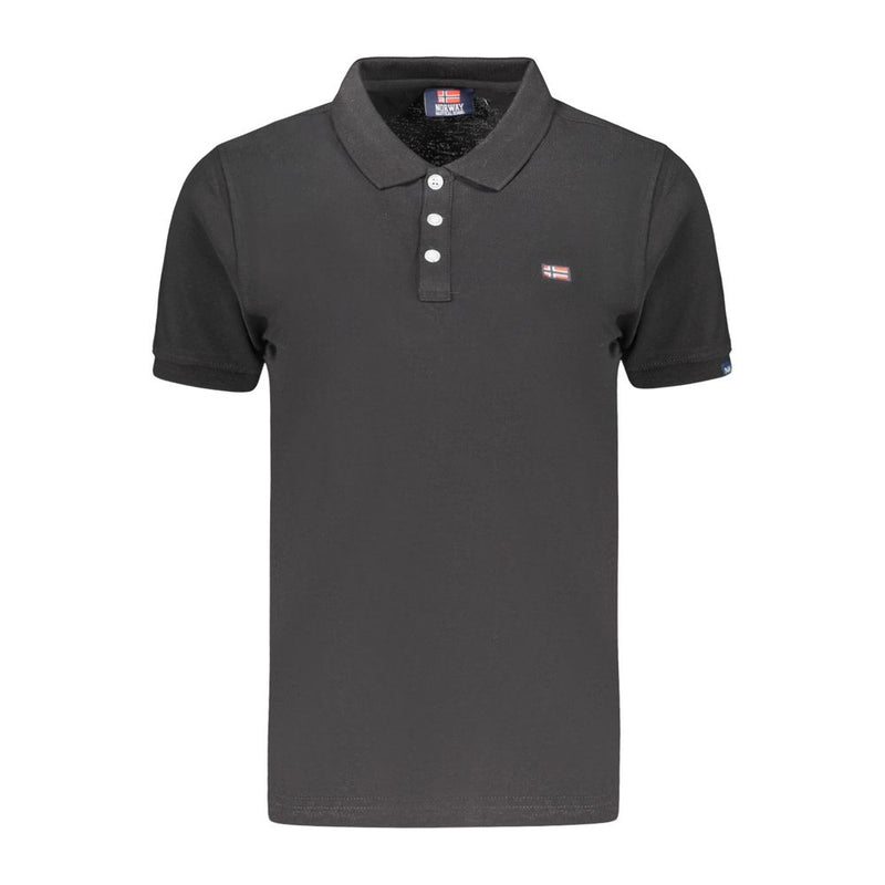 Black cotton women's short-sleeve polo shirt with a collar and three white buttons