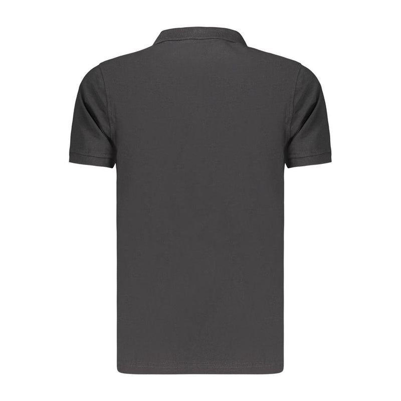 Back view of a plain black cotton women's short-sleeve polo shirt