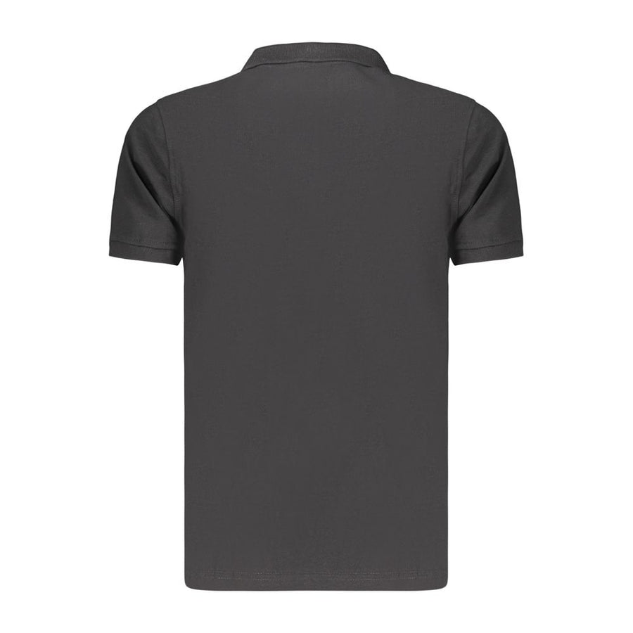 Black cotton women's short-sleeve polo shirt with a collar and three white buttons