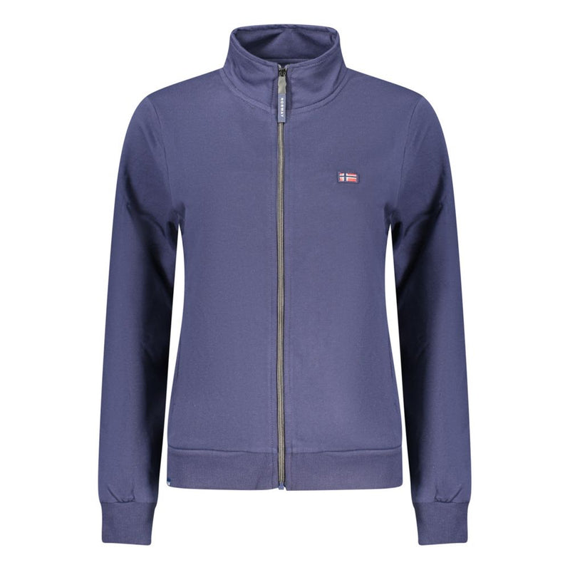 Blue cotton women zip-up sweatshirt with high collar and small Norwegian flag patch on chest