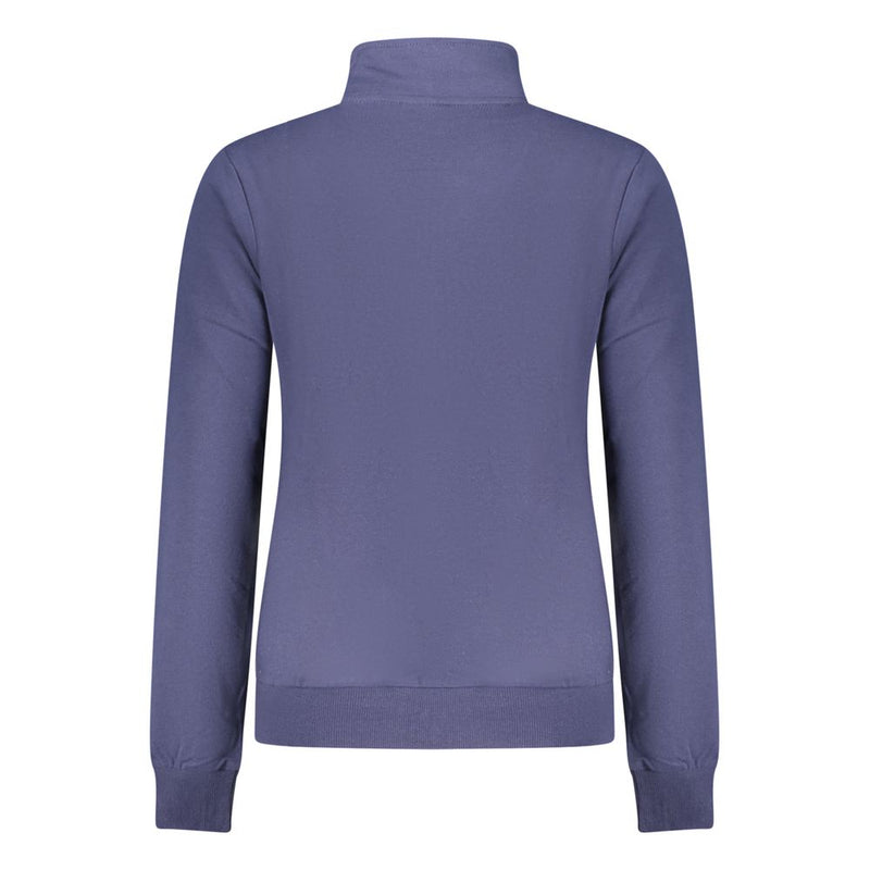 Back view of blue cotton women's sweatshirt with high collar