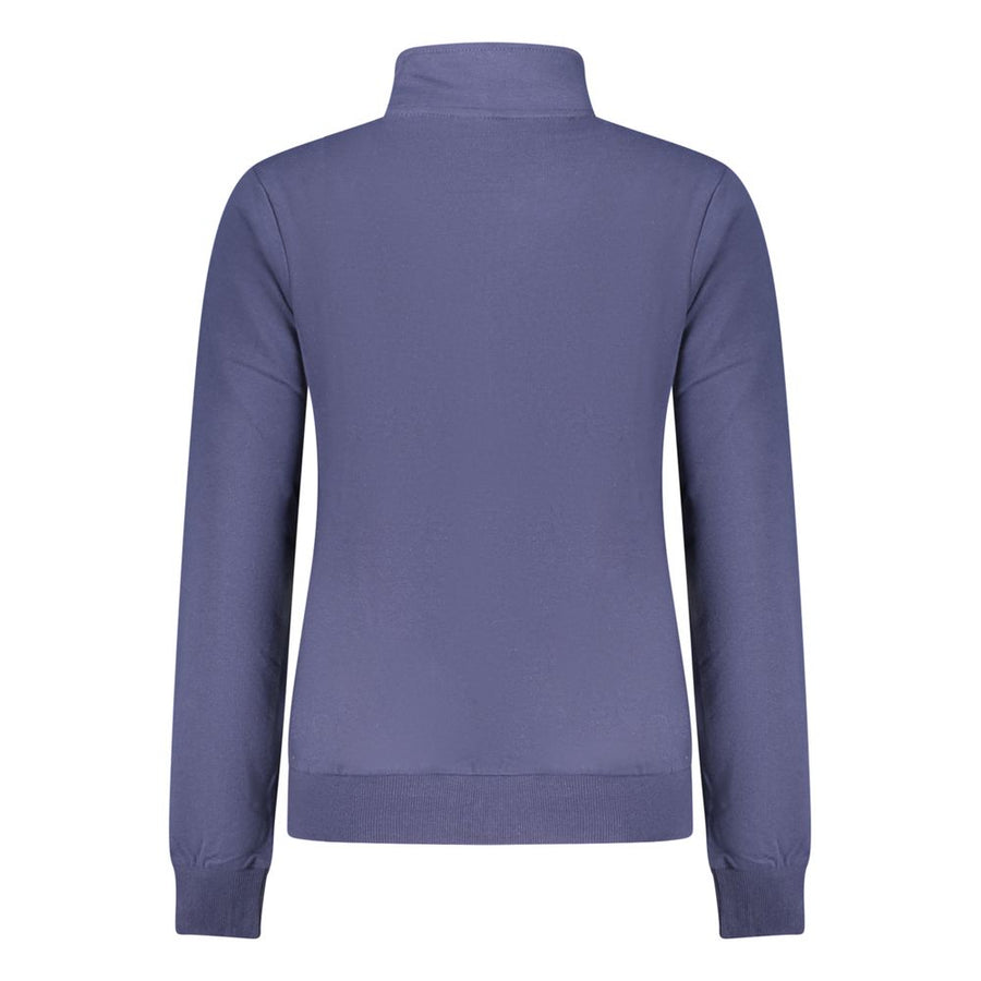 Blue cotton women zip-up sweatshirt with high collar and small Norwegian flag patch on chest
