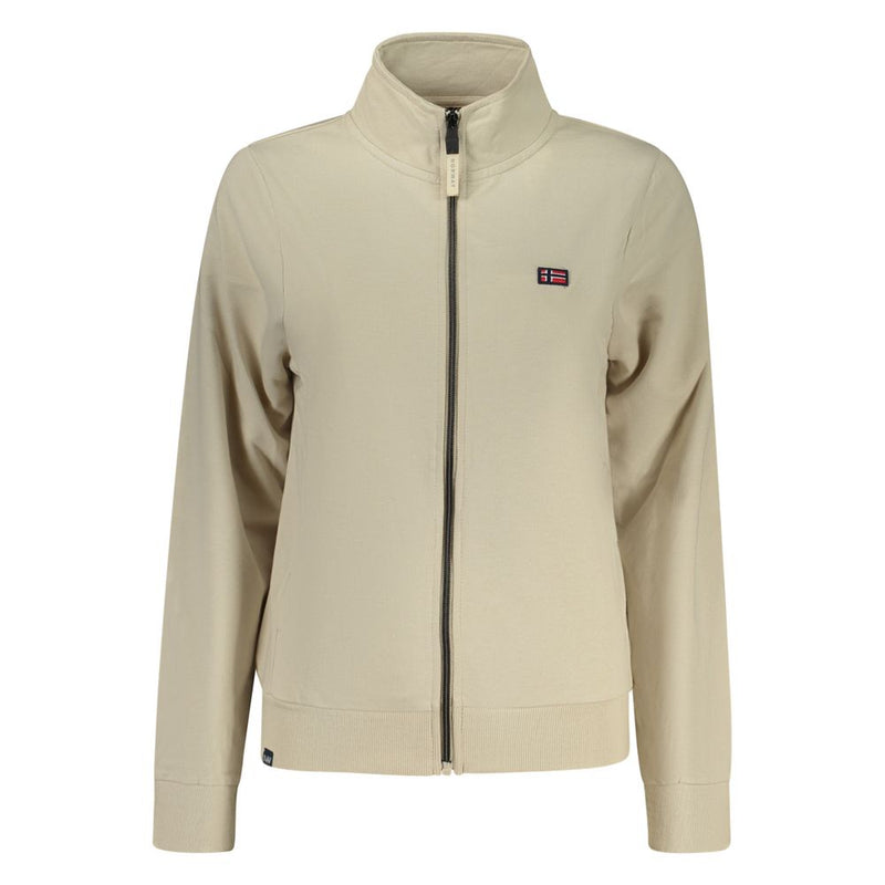 Beige cotton women's zip-up sweatshirt with a high collar and small flag logo on the chest