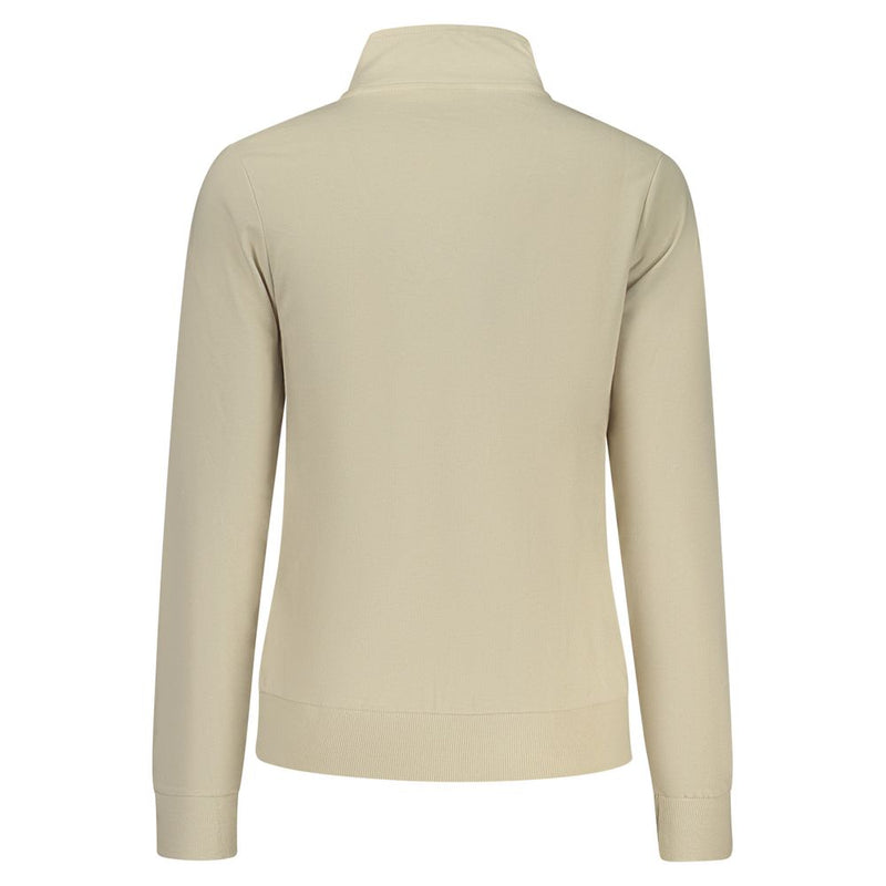 Back view of a beige cotton women's zip-up sweatshirt with a high collar