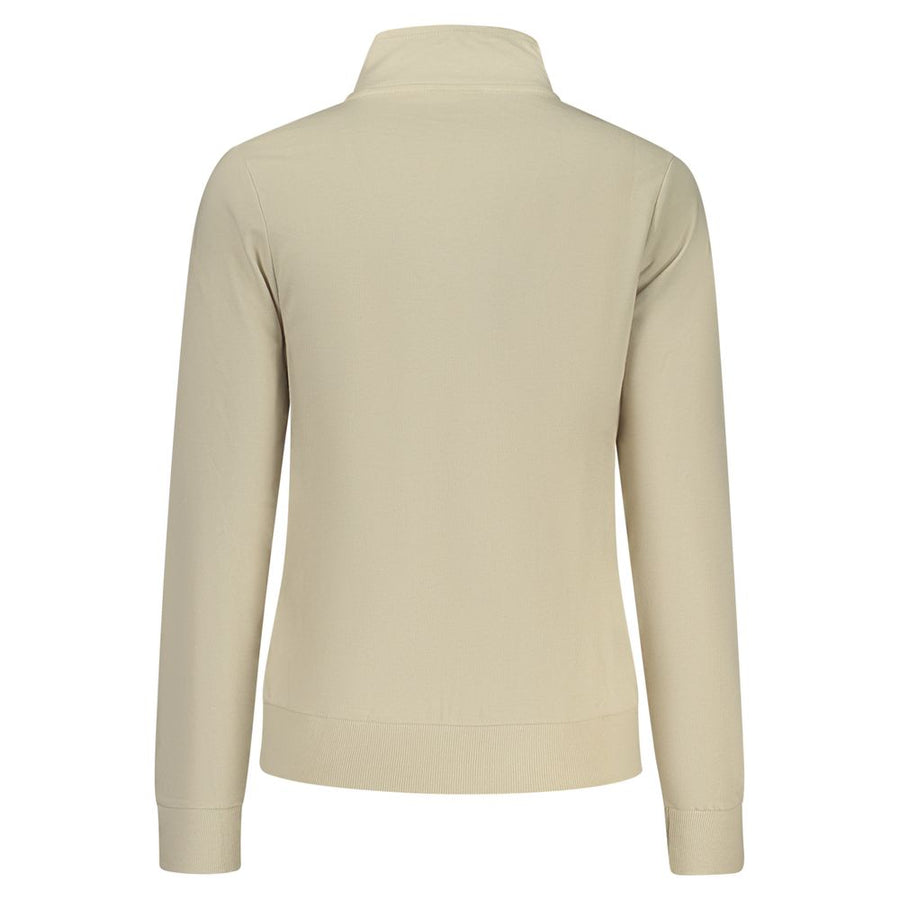 Beige cotton women's zip-up sweatshirt with a high collar and small flag logo on the chest