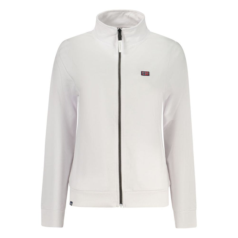 White cotton full-zip women's sweatshirt with a stand-up collar and small Norwegian flag patch