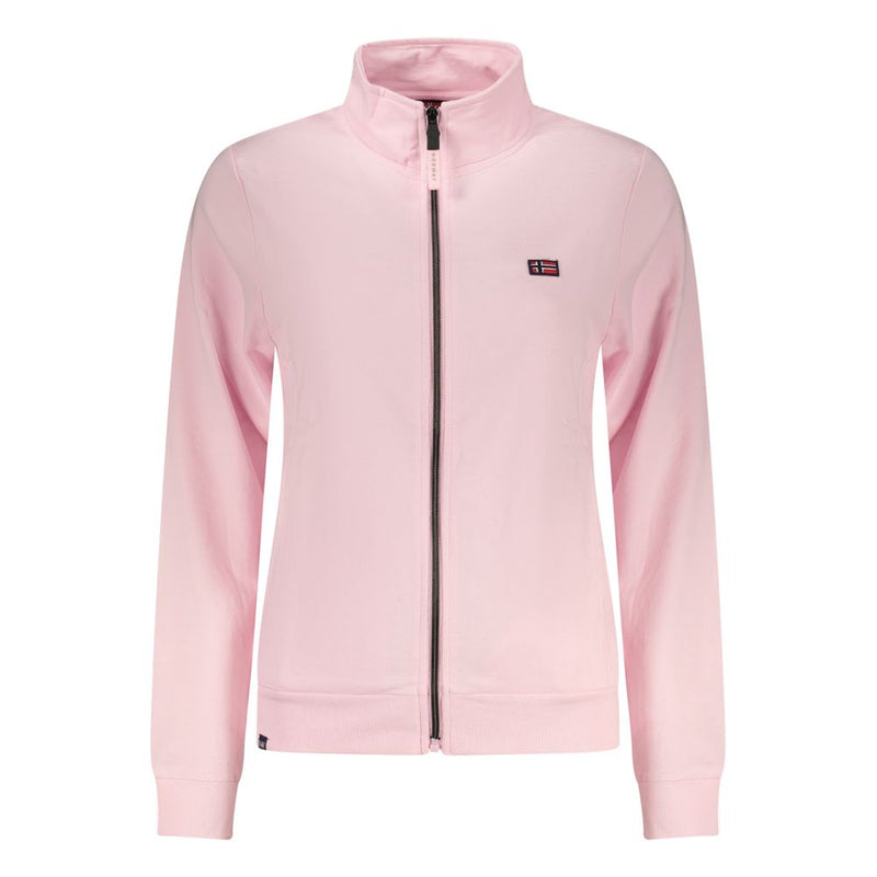 Pink cotton women's zip-up sweatshirt with a stand-up collar and a small logo patch on the chest