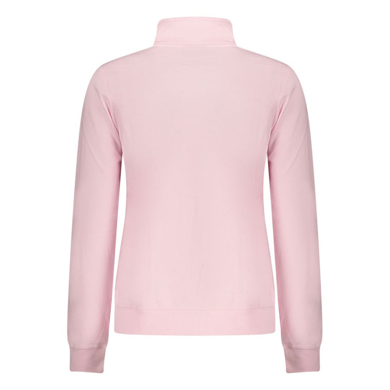 Back view of a plain pink cotton women's sweatshirt with a high collar