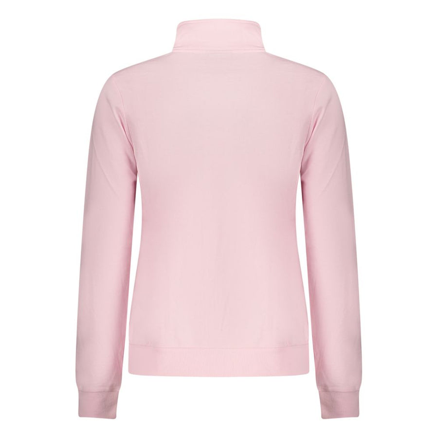 Pink cotton women's zip-up sweatshirt with a stand-up collar and a small logo patch on the chest