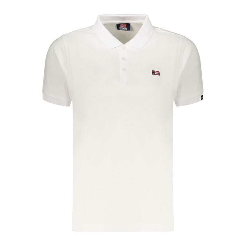 White short-sleeve cotton polo shirt with a buttoned collar and small chest patch