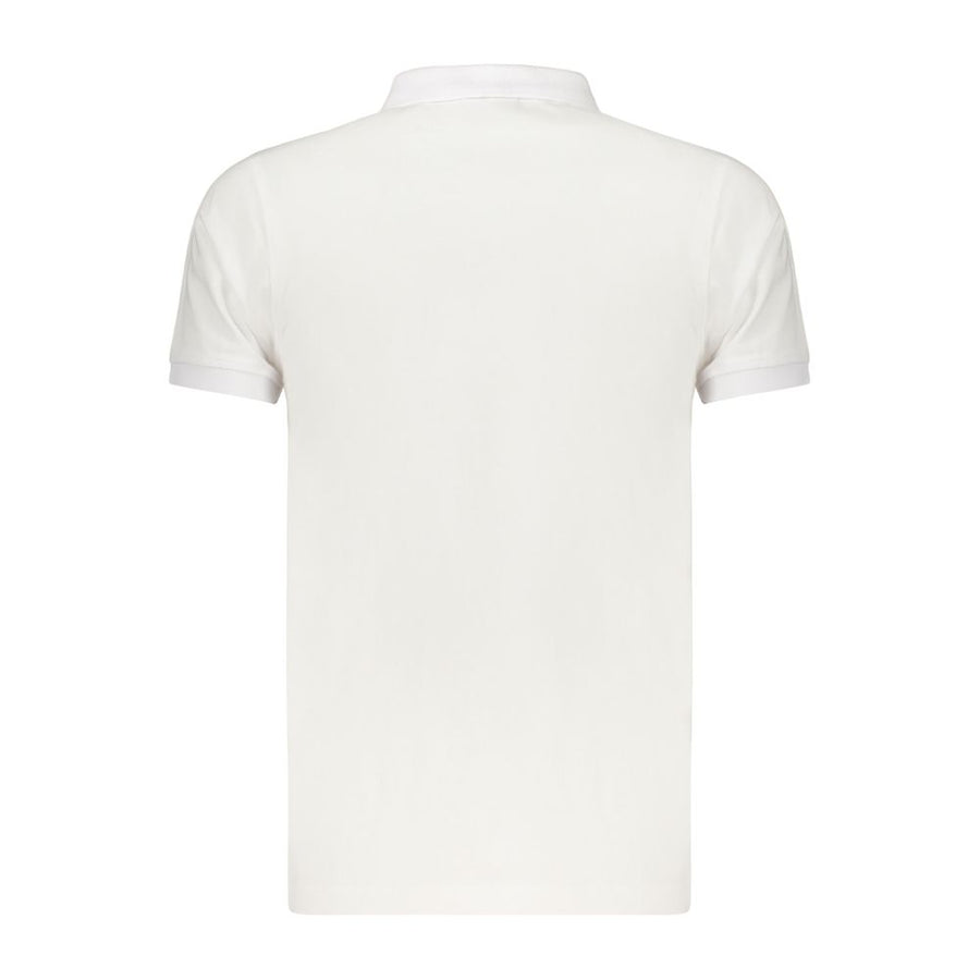 White short-sleeve cotton polo shirt with a buttoned collar and small chest patch