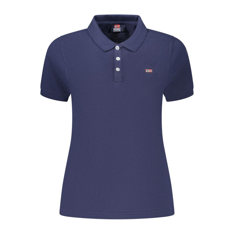 Blue cotton short-sleeve women's polo shirt with a buttoned placket and small flag patch