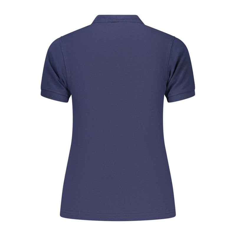 Blue cotton women's short-sleeve polo shirt shown from the back